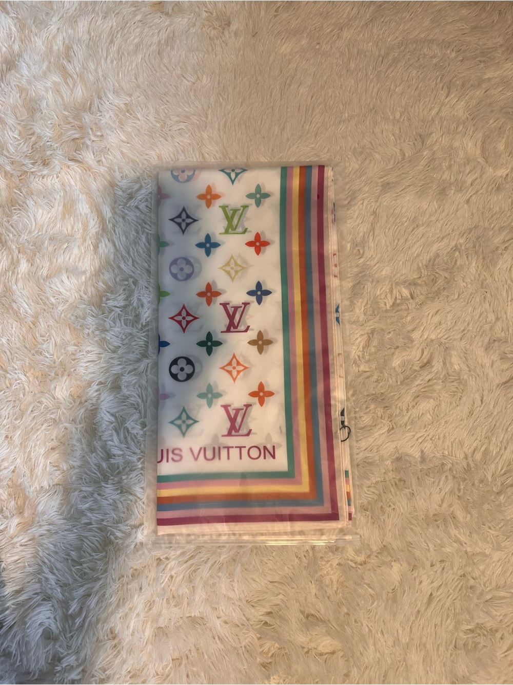 Louis Vuitton White Silk Scarf with Rainbow Monogram and Striped Border